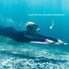 Photographie sous-marine d'une personne avec un Deep Foil avec la mention "Explorez de nouvelles sensations"