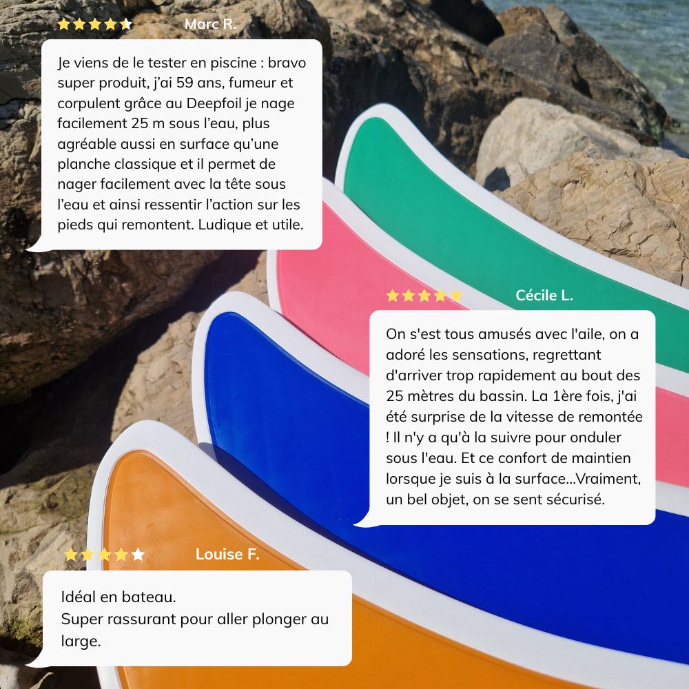 Photographie de quatres DeepFoil (ou Deep Foil) avec des commentaires clients