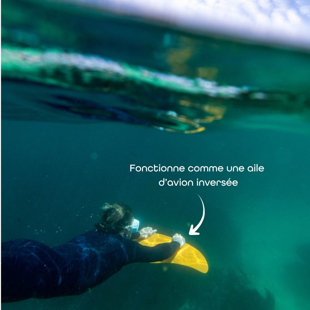 Photographie d'une personne en DeepFoil (ou Deep Foil) avec une mention du fonctionnement