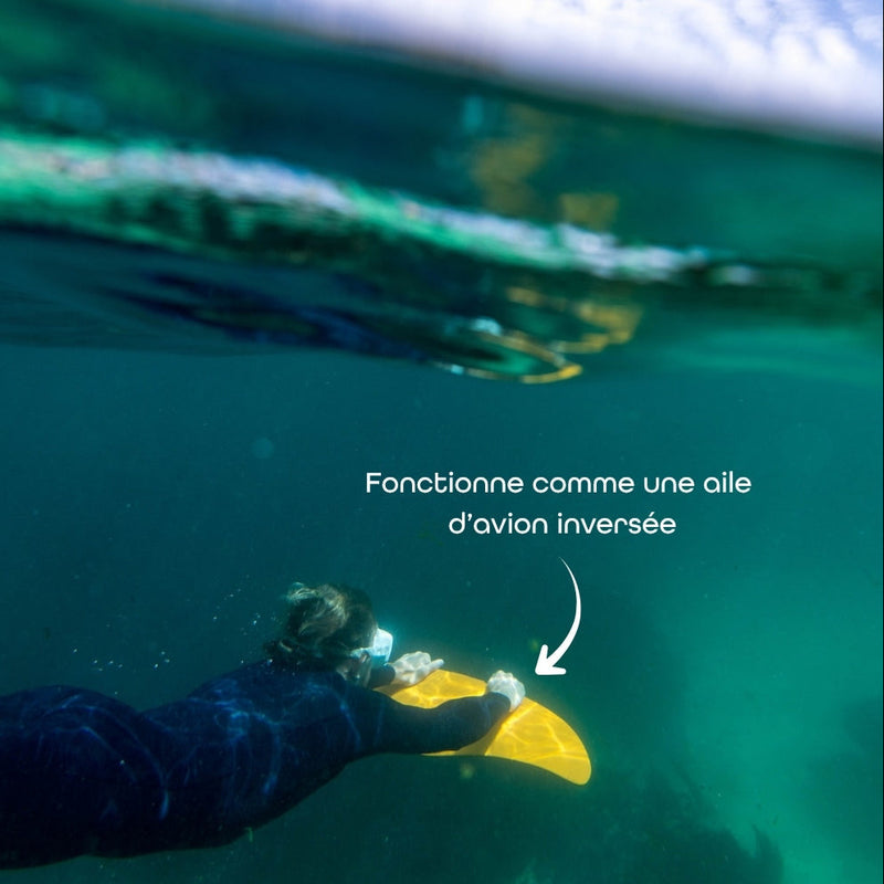 Photographie d'une personne en DeepFoil (ou Deep Foil) avec une mention du fonctionnement